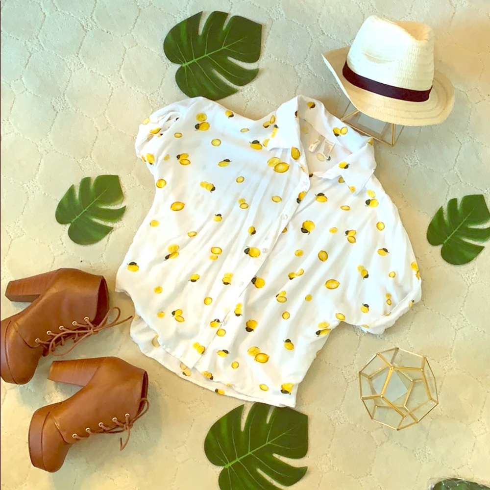 Lemon print button up blouse